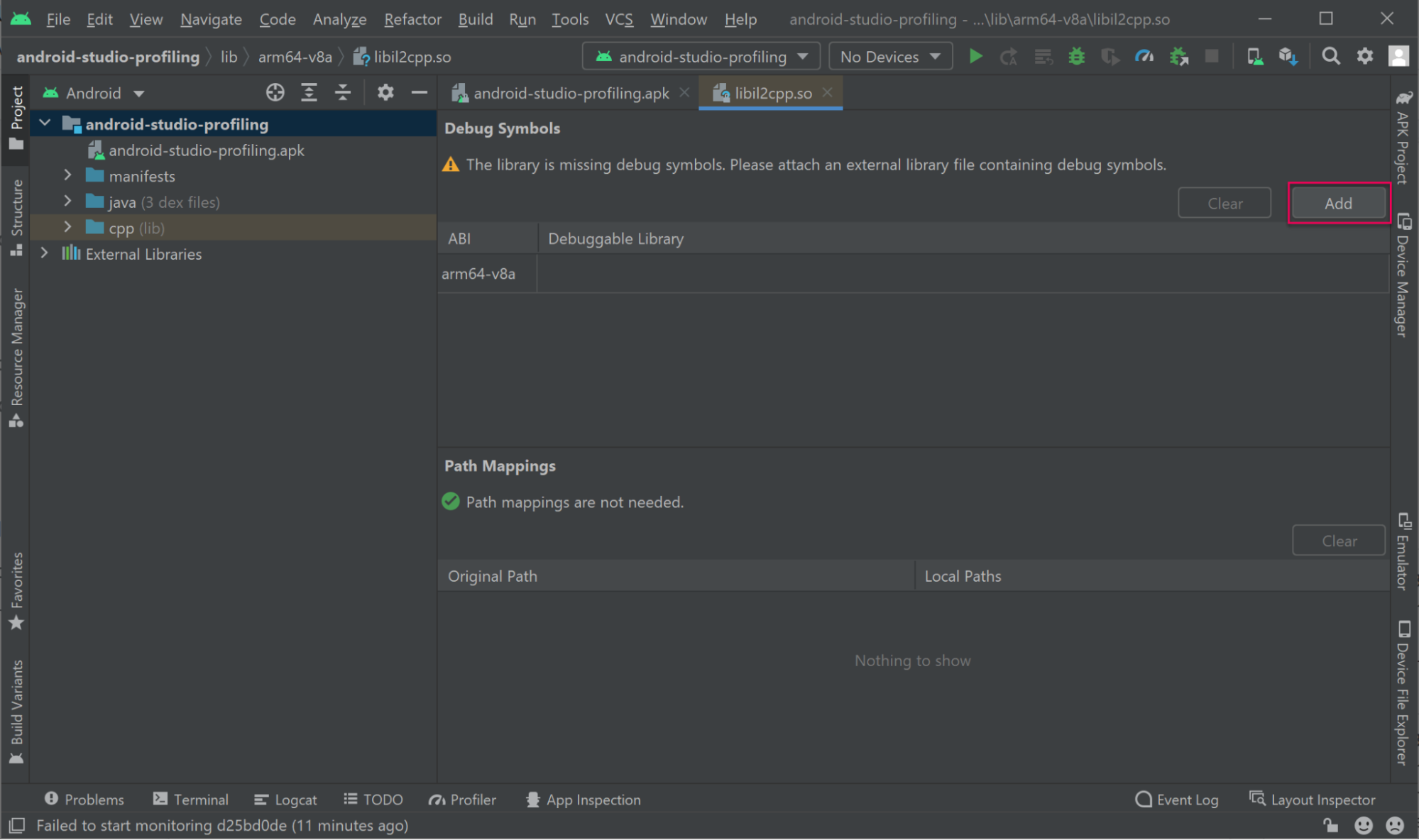 Debug pre-built APKs, Android Studio